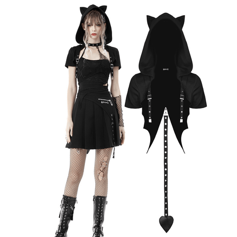 Gothic Black Cat Crop Top with Hood And Edgy Details.
