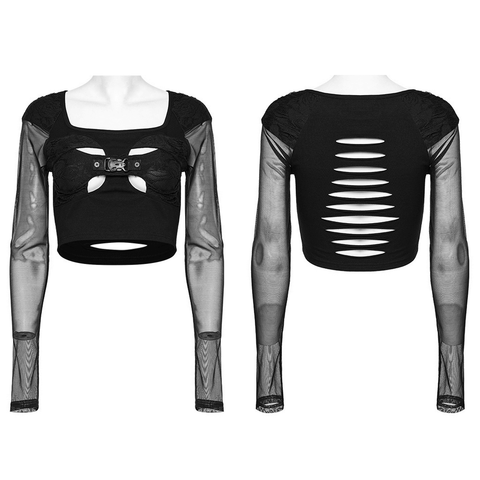 Edgy Goth Crop Top with Mesh Sleeves and Skull Detail.