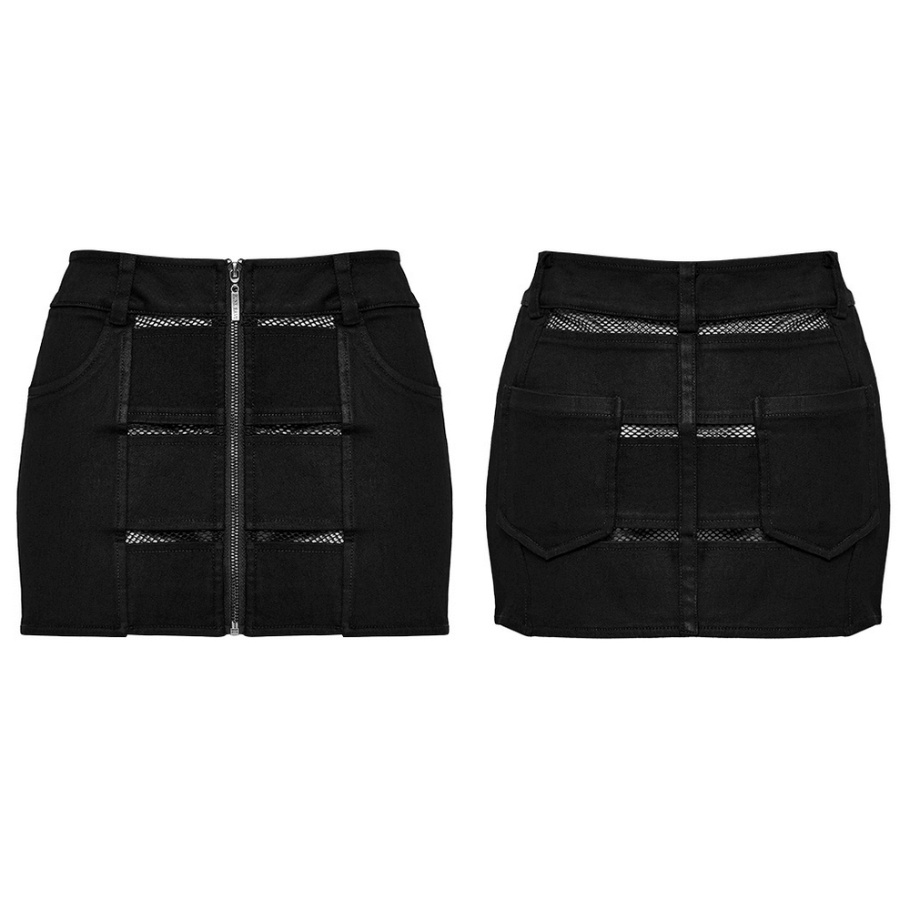 Punk Rock Black Denim Skirt with Diamond Mesh.