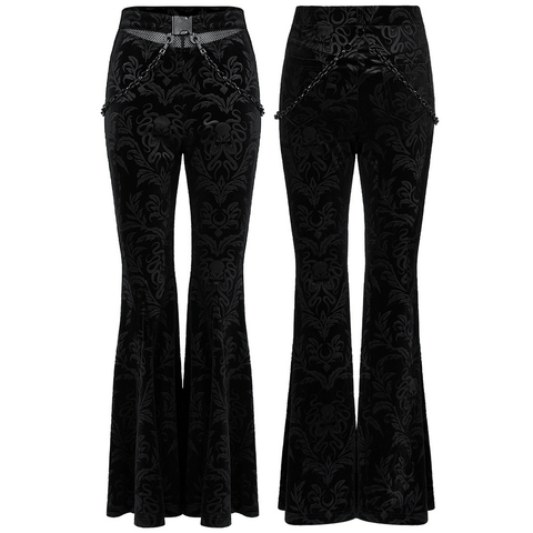 Gothic Dark Floral Velvet Bell Bottoms with Chains.