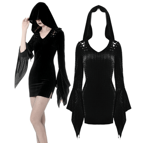 Elegant Dark Fashion Hooded Mini Dress.