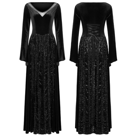 ark Velvet Long Dress with Lace Up Back and Mesh Detailing.