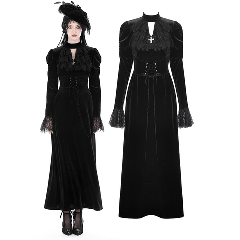 Victorian Era Inspired: Black Velvet Dress with Lace Accents.