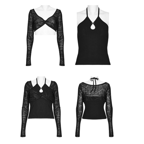 Halter Neck Long Sleeve Top with Spiderweb Design.