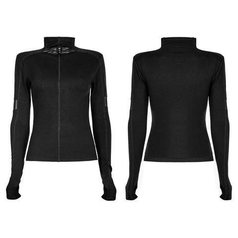 Punk Style Turtleneck Top - Mesh Sleeves And Metal Buckle.