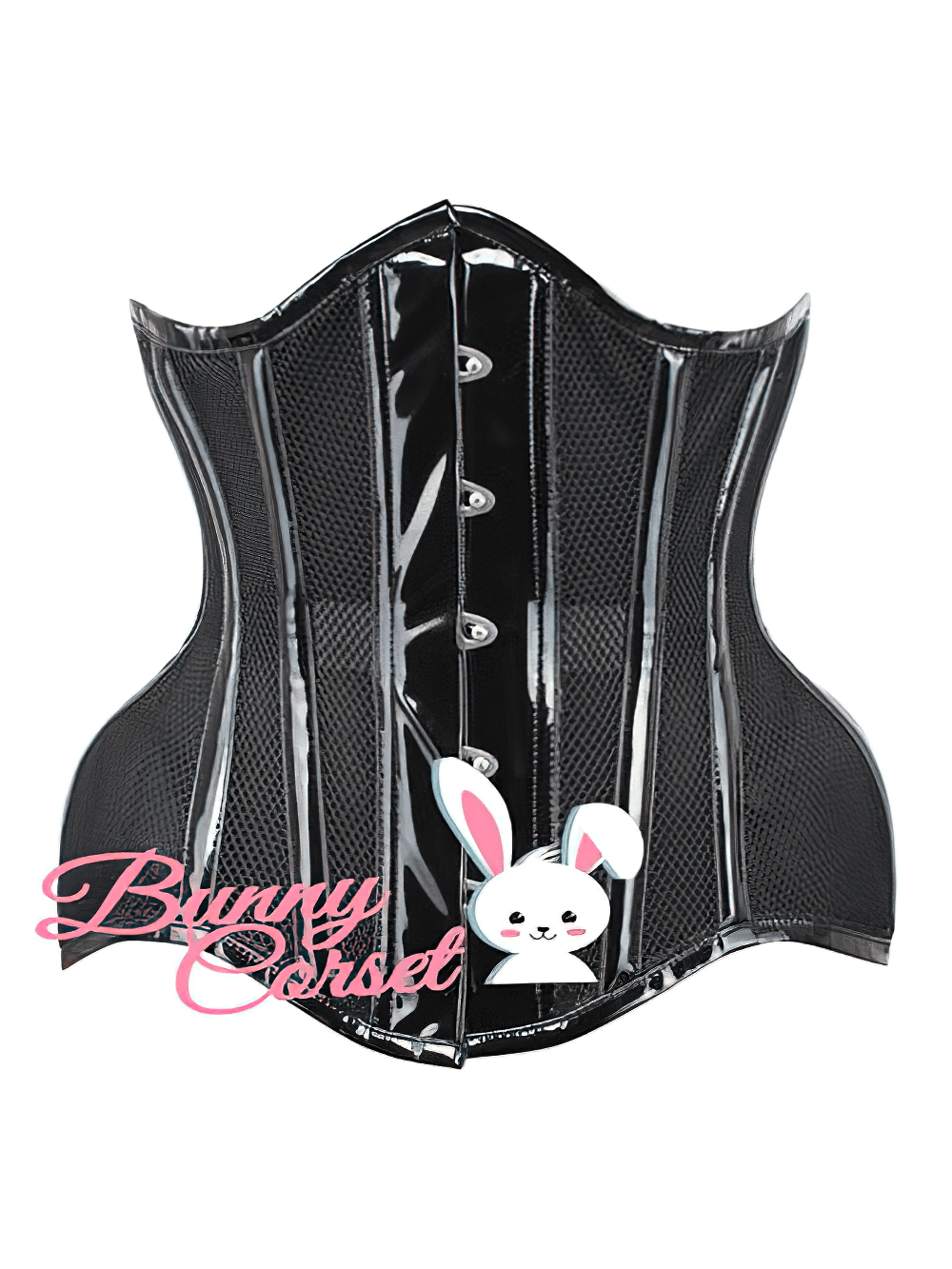 Black mesh underbust corset with steel boning and lace-up back for waist training and gothic fashion styling.