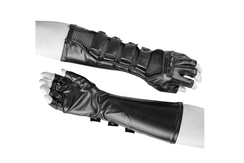 Black Mesh and Spike-Adorned Punk Gauntlet Arm Gloves.