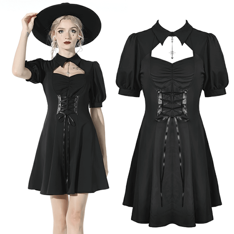 Black Lace-Up Dress with Edgy Metal Details.