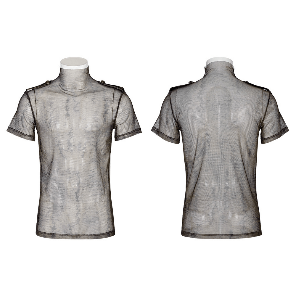 Doomsday Print Mesh T-Shirt - Stand Collar Buttons.