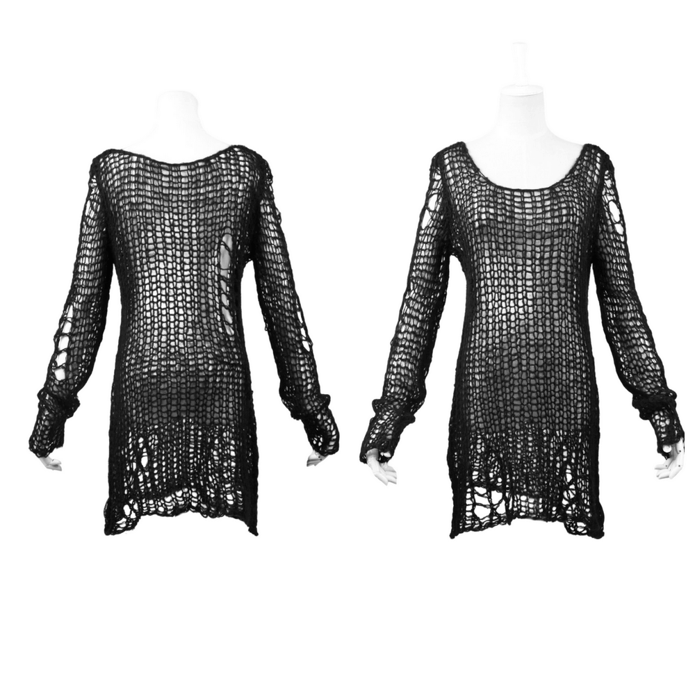 Punk Rave Inspired Black Shredded Knit Top.