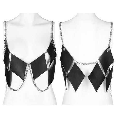 Black Vegan Leather Multi-Strap Chain Harness Top for Edgy Style