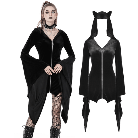 Purrfectly Spooky: Black Velvet Hoodie with Cat Ears and Gothic Accents.