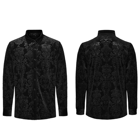 Elegant Black Velvet Goth Men's Shirt, Floral Detail