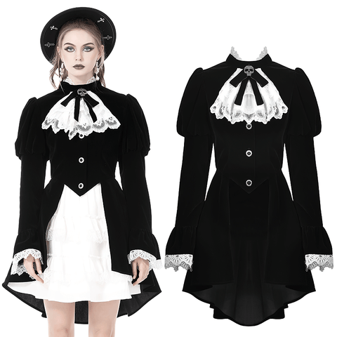 Gothic Sweetheart: Black Velvet Coat with Lace Accents.