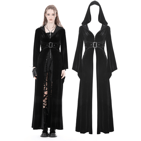 Steal the Spotlight in This Dramatic Black Velvet Hooded Coat.