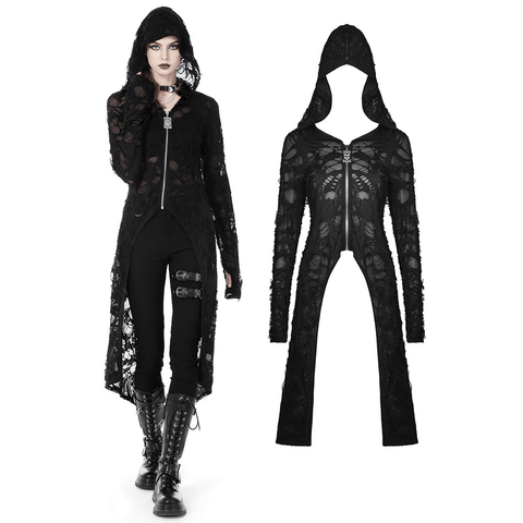 Women's Black Lace Longline Gothic Hooded Coat.