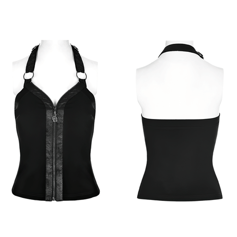 Punk Halter Top - Black Cracked PU Leather Camisole.