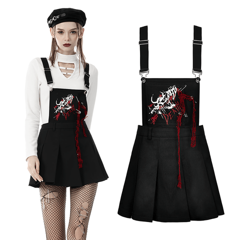 Gothic Pleated Pinafore Dress with Embroidered Skeleton Detailing.