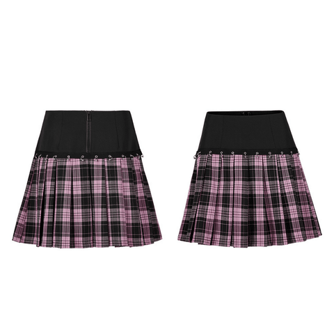 Chic A-Line Spliced Plaid Skirt with Metal Rings.