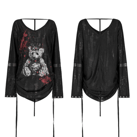 Stylish Loose Bear Printed Long Sleeves Top with V-Neck.