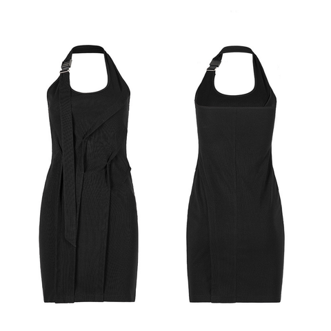 Sleek Halter Neck Dress with Buckle and Rib Texture.