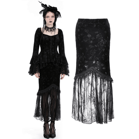 Elegant Floral Lace Skirt: Black Beauty with Fringe.