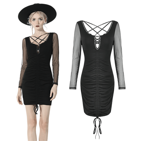 Sleek Mesh-Accented Dress: Sheer Sleeves And Lace-Up Detail.