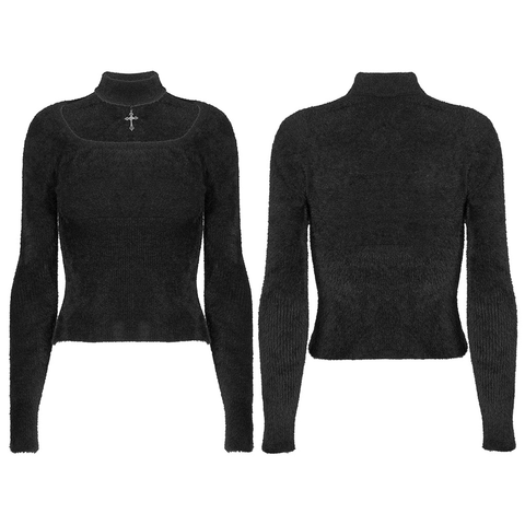 Edgy Slash Shoulder Mink Sweater with Cross Pendant.