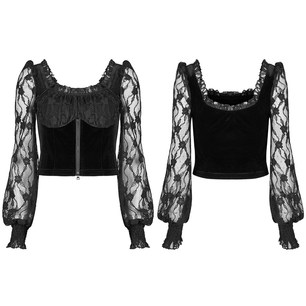 Square-Neck Velvet Top with Romantic Lace Sleeves.