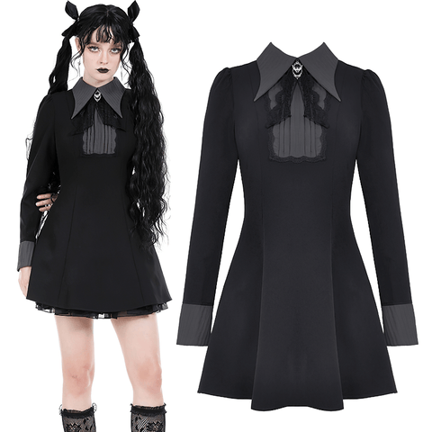 Gothic Long Sleeves Dress with Elegant Brooch Detailing.