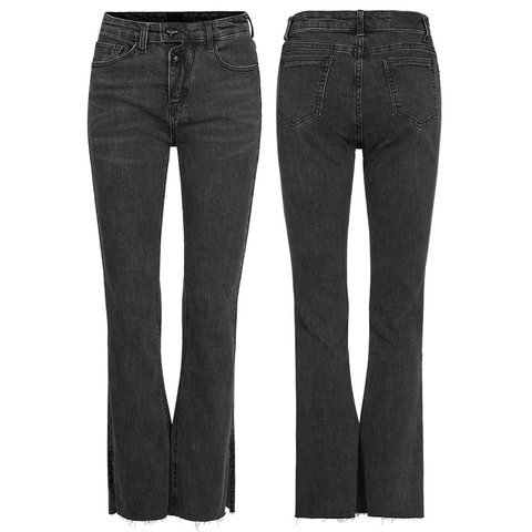 Asymmetric Placket Flare Jeans - Trendy High-Waisted Fit.