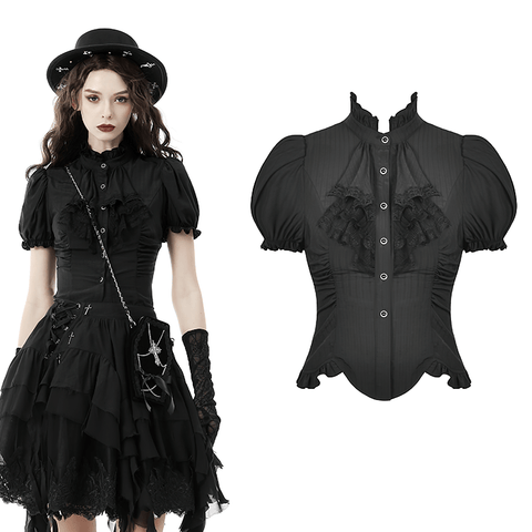 Black Victorian Blouse with Lace Ruffle Neckline.