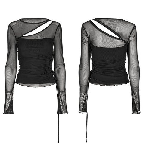 Black See-Through Mesh Top with Asymmetrical Slit and Drawcord.