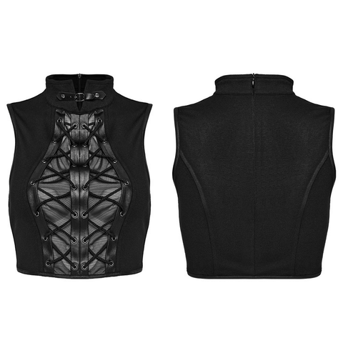 Rebel Edge: Mesh Splice Crop Top with Buckle at Stand Collar.