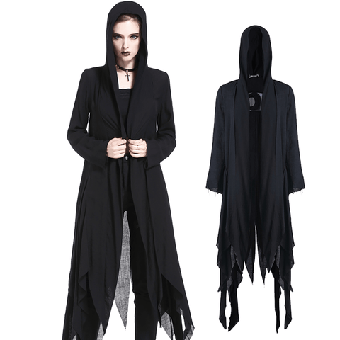 Crescent Moon Shredded Hoodie Trench Coat with Dark Romance.