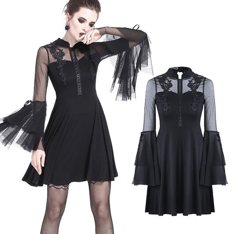 Mesh Overlay Midi Dress - Romantic Goth Style with Floral Embroidery.