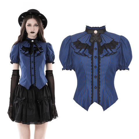 Victorian Lace Accent Blue Stripe Blouse With Bell Sleeves.