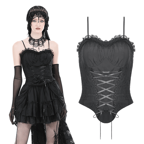 Edgy Black Corset Top with Lace Trim and Ribbon Detailing.