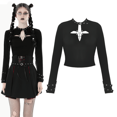 Edgy O-Ring Choker Top with Long Sleeves and Cross Cutout.