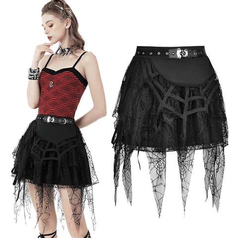 Black Gothic Lace Mini Skirt with Edgy Spiderweb Design.