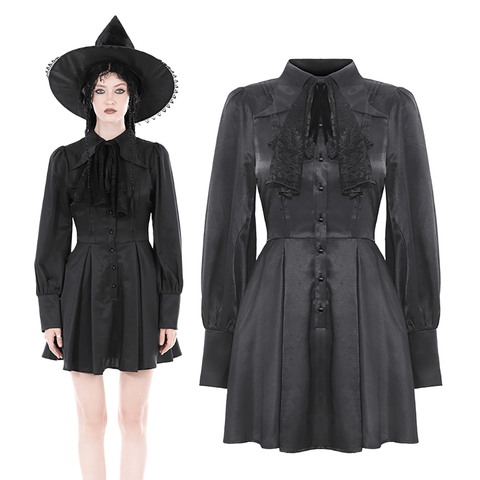 Black Ruffle Collar Victorian Witchy Dress with Button Detail.