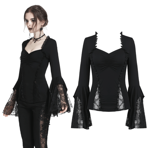 Unravel the Gothic: Black Lace Top with Flared Sleeves.