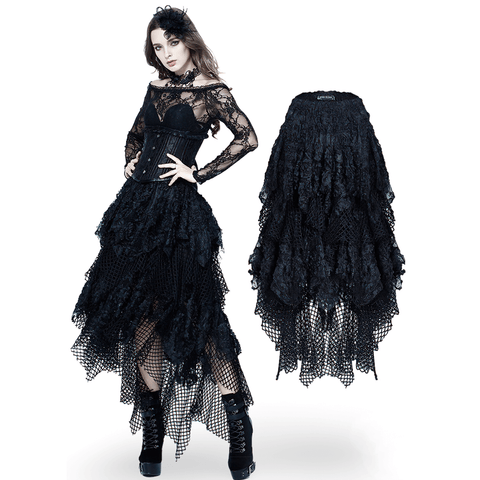 Shop the Look: Black Fishnet and Lace High-Low Maxi Skirt.