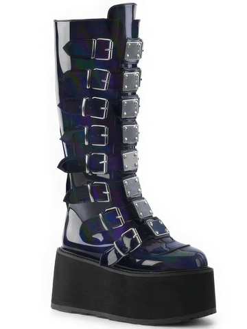 Gothic Black Hologram Knee High Boots with Metal Accents.