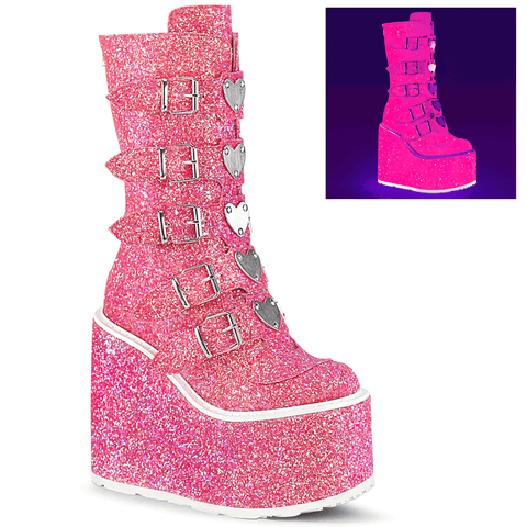 Neon Pink Glitter Strap Mid-Calf Boots with Heart Buckles.