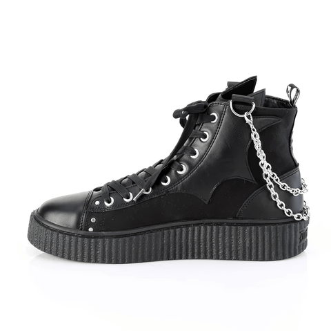 Chain-Adorned Creeper Sneakers with Bat Accents.