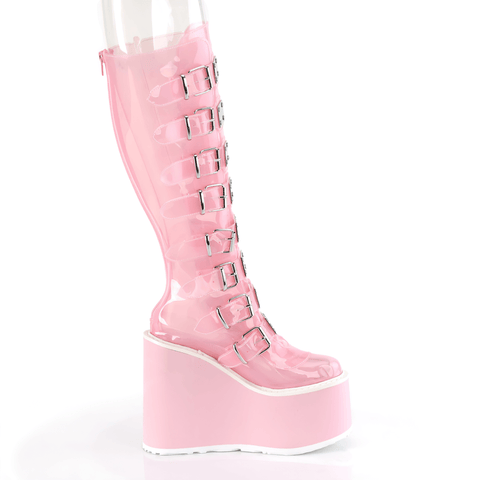 Bold Baby Pink Knee High Boots with Metal Buckle Accents.