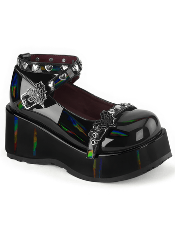 Edgy Black Holo Platform Shoes with Ankle Strap.