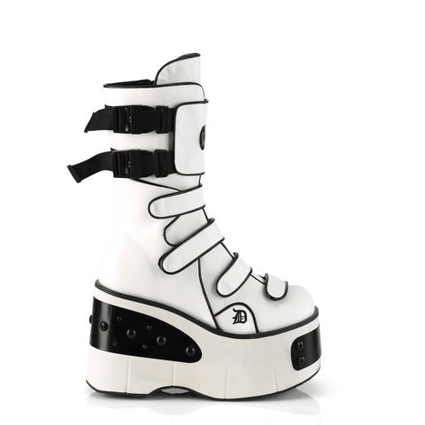 White Vegan Leather Platform Boots with Snap Buckles.