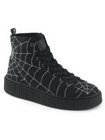 Edgy High-Top Sneakers with Platform Sole and Web Design.
